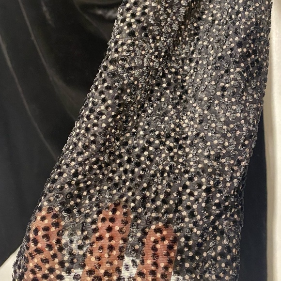 AMARYLLIS BLACK VELVET FAUX WRAP SIDE RUCHING POLKA DOT SHEER LONG SLEEVES - Picture 5 of 10